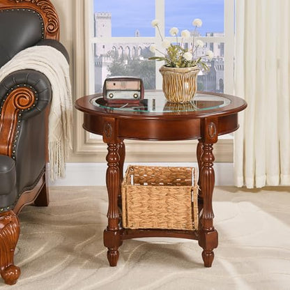 Oval Round Glass End Table, 2-Tier Solid Wood Glass Top End Side Tables, Traditional Victorian Nightstand for Bedroom Living Room Office, 28" W x 22" D x 24.2" H, Cherry Walnut CJZ-1533-GT