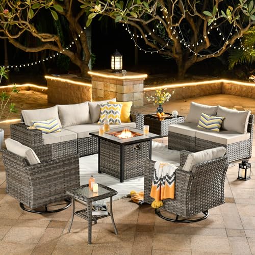 10 Piece Modular Patio Outdoor Sectional Furniture Set with Gas Propane Fire Pit Table,Wicker Conversation Sofa Set with Swivel Chairs,Outside Couch Set(Beige)