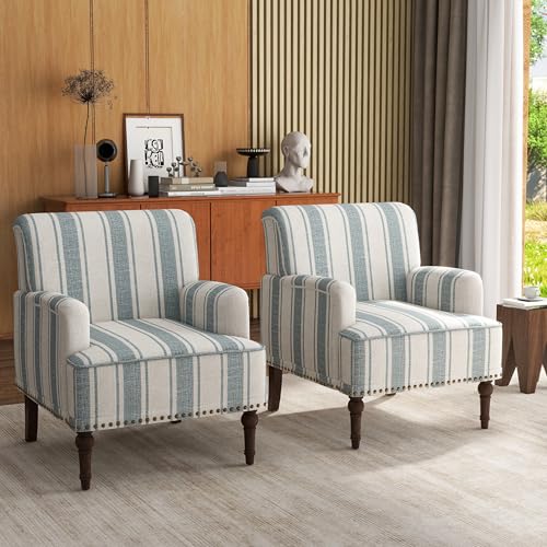 Stripe Accent Chairs Set of 2, Living Room Arm Chair Modern Nailhead Trim Club Armchair, Comfy Upholstered Sofa Lounge Seat Reading Seat Bedroom Side Seating for Home Office, Blue