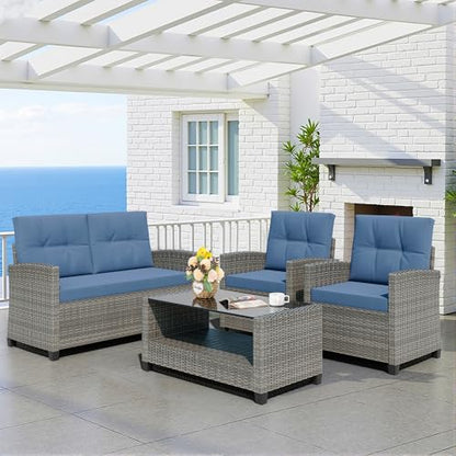 4 Piece Patio Furniture Set, Outdoor Rattan Conversation Set with Coffee Table, Outside Wicker Sectional Sofa Couch with Cushion, Gray and Blue