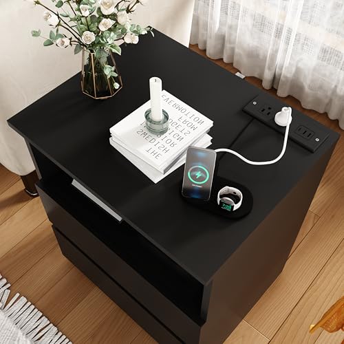 (Set of 2) End Table with Fast USB C Charging Station, Sofa Side Table with 2 Drawers, Large Storage Modern Wood Storage Cabinet for Living Room,Bedroom,Office, Black