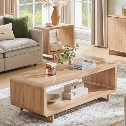 48" Modern Coffee Table, 2-Tier Minimalist Center Table with Storage Shelf, Curved Profile Design, Wooden Rectangular Living Room Table w/Wood Thick Design for Living Room, Office, Natural Oak