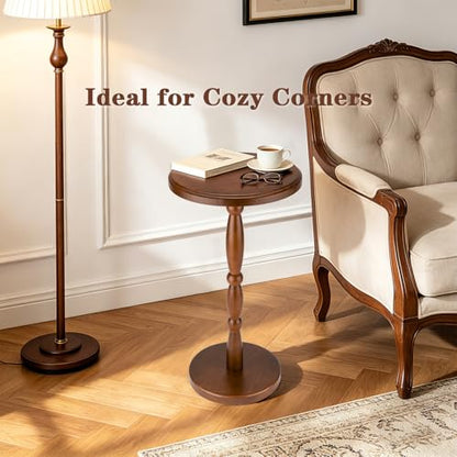 12" Real Wood Round Drink Table, Small Pedestal Side Table with Decorative Beaded Design, Accent End Table for Living Room and Bedroom, Brown