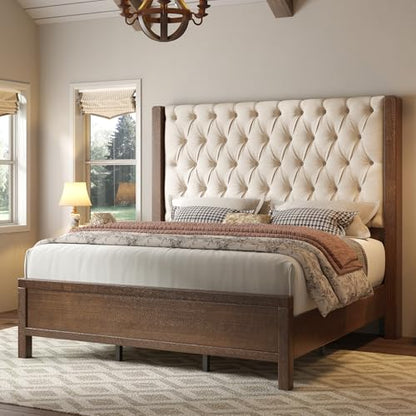 King Size Solid Wood Bed Frame,57" Wingback Headboard,Walnut, view 2