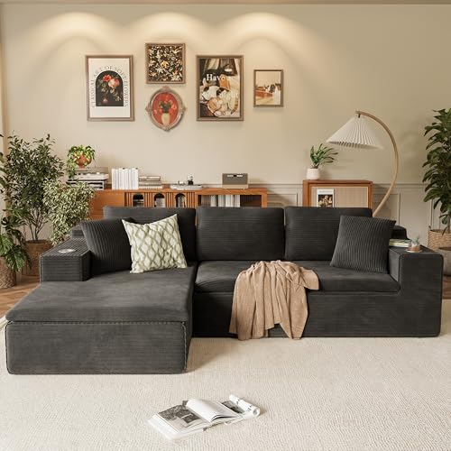 109" Boneless Couch with Memory Foam, Modular Sectional Sofa with L-Shape Chaise, Cloud Couch with Deep Seat, Dual Cup Holders & Side Pockets, No Assembly Required (Black)