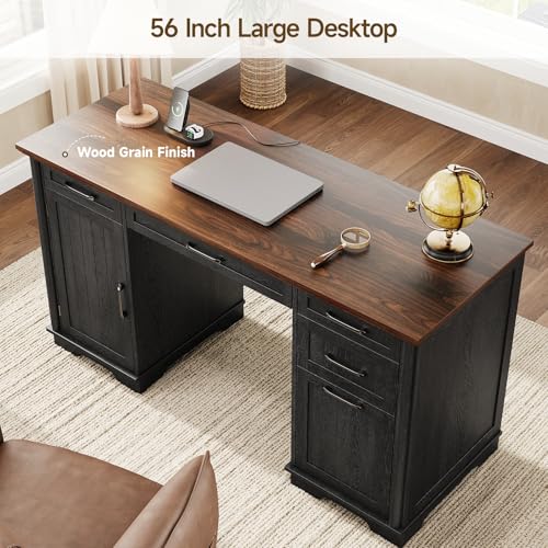 56" Large Executive Desk with Drawers,Modern Farmhouse Home Office Desk with Charging Station, Wood Computer Writing Desk with File Drawer for Study Work Bedroom Living Room Black
