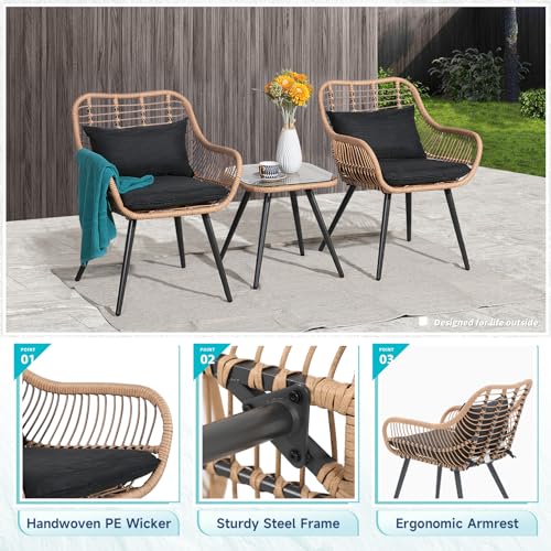 3 Piece Patio Bistro Set, Outdoor Wicker Conversation Chair Sets Balcony Furniture,Coffee Table with Glass Top, Cushions & Lumbar Pillows for Porch, Backyard, Deck, Poolside