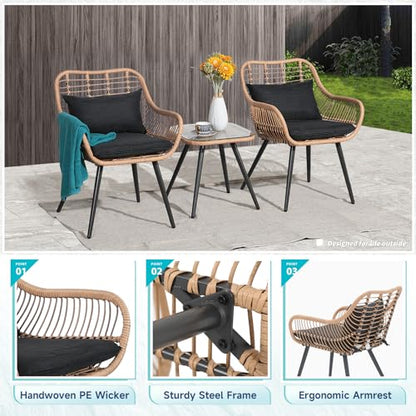 3 Piece Patio Bistro Set, Outdoor Wicker Conversation Chair Sets Balcony Furniture,Coffee Table with Glass Top, Cushions & Lumbar Pillows for Porch, Backyard, Deck, Poolside