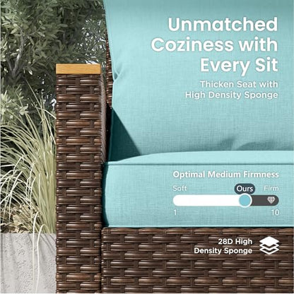 7-Piece Wicker Patio Conversation Set, Outdoor Rattan Sectional Pool Furniture Patio Set for 7 Seats with Cushioned 2 x Single Sofa, 2 x Armrest Chair, 2 x Ottoman and 1 x Armless Sofa, Blue