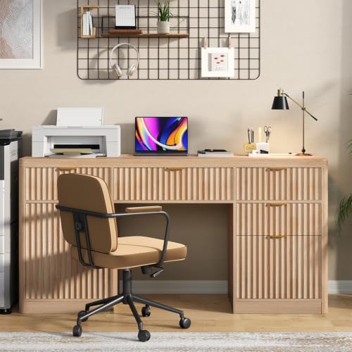 58" Fluted Executive Desk, Wood Home Office Desk (Natural), view 5