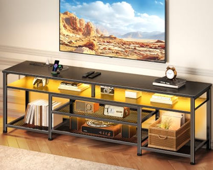 Black TV stand with outlets and lights for bedrooms, view 2