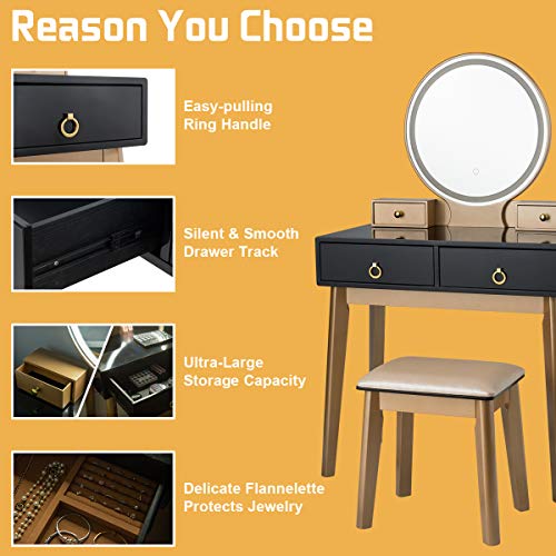 Vanity Desk with Lighted Mirror, Black Makeup Vanity Table with 4 Storage Drawers, 3 Lighting Modes, Solid Wood Legs, Modern Dressing Table with Vanity Stool for Small Bedroom