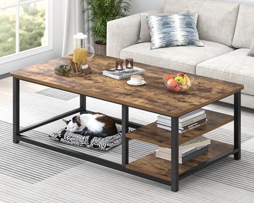 Modern Coffee Table, Rustic Wood and Metal Living Room Table with Storage Shelf, Industrial Brown, 47 Inch