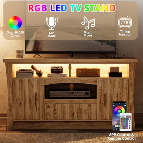 TV Stand for 65 inch TVs, Entertainment Center with Power Outlet and Led Lights, TV Console with Storage Cabinets and Drawer, TV Stands for Living Room