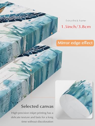 NuYeBiofx Ocean Blue Turtle Wood Grain Canvas Wall Art Prints,48"x32" Framed Picture Artwork Teal Marine Life Seaweed Printed Canvas Oil Painting for Living Room Bedroom Office,Ready to Hang