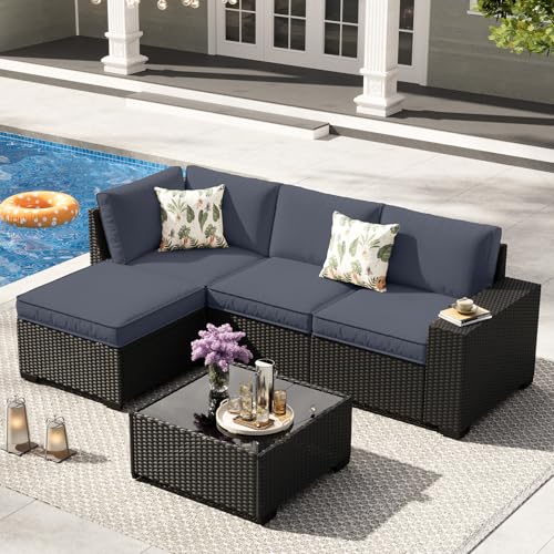 5 Pieces Patio Furniture Set,Wicker PE Rattan Outdoor Sectional with Cushion & Coffee Table, Patio Conversation Sofa for Garden, Backyard, Poolside, Grey