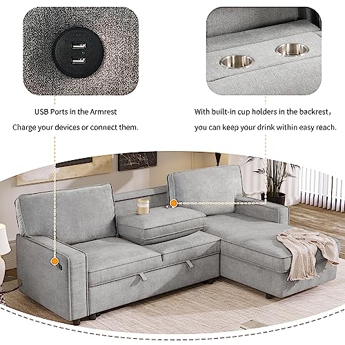 LUMISOL 89" Convertible Sleeper Sofa Bed, Modern L-Shaped Sectional Sofa Pull Out Couch with Chaise, Upholstered Sofa Bed with Cup Holder, USB Ports for Living Room, Small Apartment, Gray