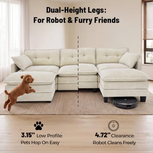 111.5" U Shaped Modular Sectional Sofa, Beige Corduroy, view 5