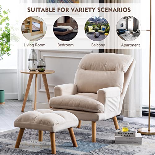 Modern Accent Chair with Ottoman, Soft Fabric Armchair with Adjustable Backrest and Side Pockets, Comfy Lounge Chair for Living Room, Bedroom, Apartment, Office, Beige