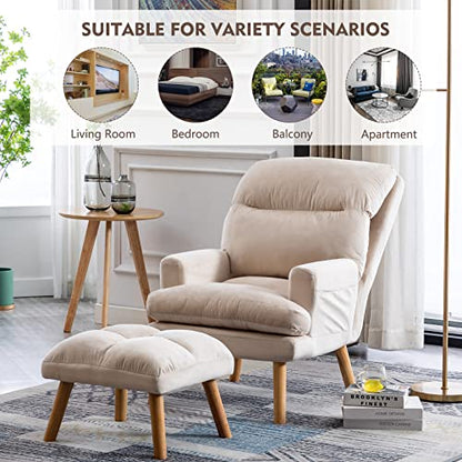 Modern Accent Chair with Ottoman, Soft Fabric Armchair with Adjustable Backrest and Side Pockets, Comfy Lounge Chair for Living Room, Bedroom, Apartment, Office, Beige