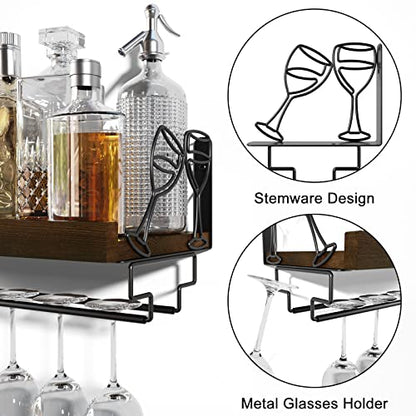 Wine Rack with Stemware Hanger,Solid Wood,17inch,Dark Brown | Wine Glass Rack,Floating Wall Shelf,Easy to Install,40 Lbs/shelf,For Kitchen,Dinning Room,Home Bar,Living Room,Elegant Design