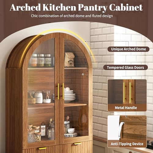 71" Tall Arched Cabinet with Glass Doors, Fluted Kitchen Pantry Cabinet, view 4