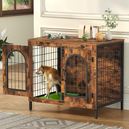 Dog Crate Furniture, 31.5" Dog Kennel with Dog Grass Pad and Tray, view 6