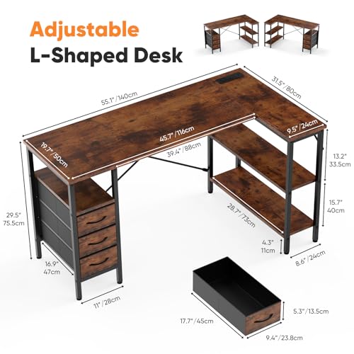 55" L Shaped Gaming Computer Desk with Drawers and Power Outlet, view 4