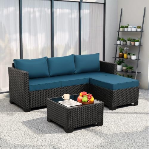 Outdoor Furniture Set 3 Pieces Wicker Patio Furniture Outdoor Sectional Patio Couch Outdoor Coffee Table All-Weather Non-Slip Cushions Waterproof Covers, Peacock Blue