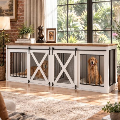 94.5in Double Dog Crate Furniture, Farmhouse Dog Kennel TV Stand, White, view 2