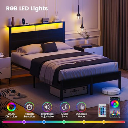 Full Size Metal Bed Frame with Storage Headboard, LED Lights, view 5