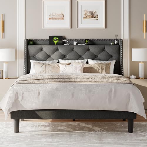 Queen Bed Frame with Luxury Wingback and Fast Charging Station, view 4