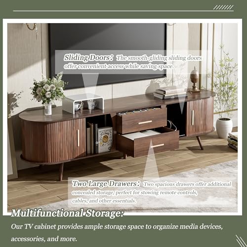 70" Fluted TV Stand for TVs Up to 80", Mid Century Entertainment Center with Sliding Tambour Doors and Drawers, Modern Curved Media Console with Storage for Living Room, Walnut