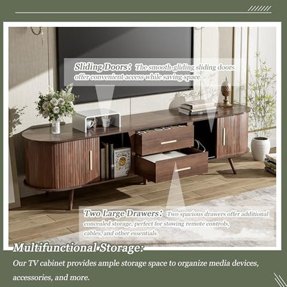 70" Fluted TV Stand for TVs Up to 80", Mid Century Entertainment Center with Sliding Tambour Doors and Drawers, Modern Curved Media Console with Storage for Living Room, Walnut
