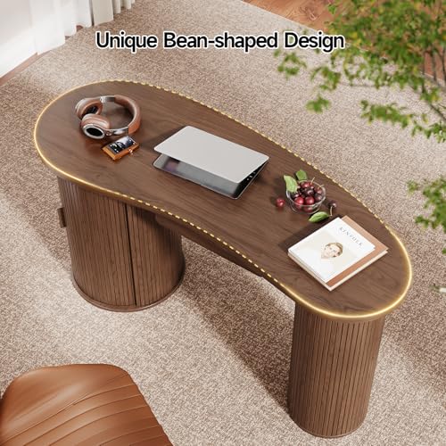 59 Inches Fluted Office Desk with Storge, Bean-Shaped Computer Desk with Drawer, Mid-Century Modern Curved Corner Desk with Sliding Door for Work and Study,Walnut