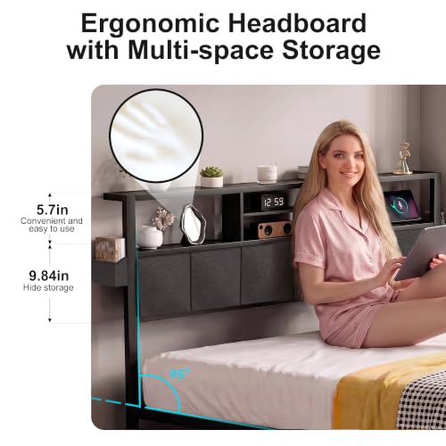 Queen Bed Frame with LED Lights, Storage Drawers and Charging Station, view 4
