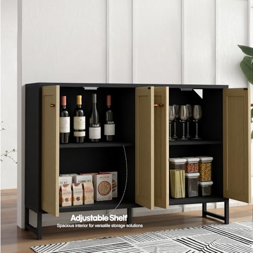 Sideboard Accent Storage Cabinet with Rattan Decorated 4 Doors Dining Room Freestanding Kitchen Buffet Table Cupboard (Black)