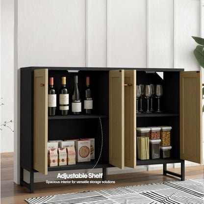 Sideboard Accent Storage Cabinet with Rattan Decorated 4 Doors Dining Room Freestanding Kitchen Buffet Table Cupboard (Black)