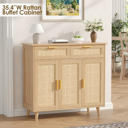 Rattan Sideboard Buffet Cabinet with Storage, 35.4" W Buffet Cabinet with 2 Drawers and 3 Doors, Sideboard Storage Cabinet with Adjustable Shelves for Kitchen, Living Room, Natural Oak
