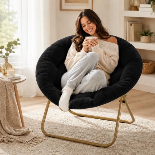 Saucer Chair, Comfy Faux Fur Chair for Bedroom, Saucer Chairs for Adults, Teens, Round Shaped Moon Chair with Foldable Metal Frame, Black