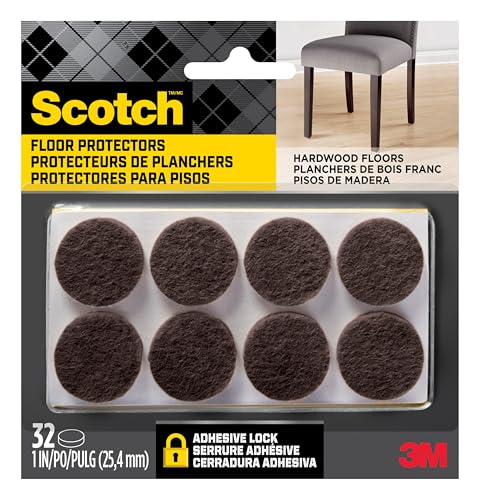 Scotch Felt Pads 32 PCS Brown, Felt Furniture Pads for Protecting Hardwood Floors, 1" Round, Easy-to-Apply, Self-Stick Design, Reliable Protection from Nicks, dents and Scratches (SP822-NA)