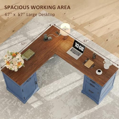 67'' Farmhouse L-Shaped Desk with Drawers for Home Office, Blue, view 7