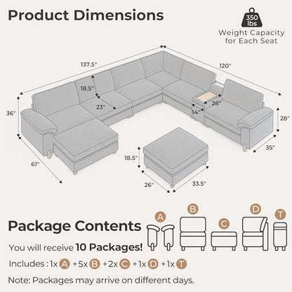 Large Cloud Couch, 138" Wide 8 Seat V Shaped with Console, Navy Blue | Detachable and Washable Chenille Cover Sectional Sofas for Living Room, Deep Seat Wide Couch with Chaise, Storage Ottoman