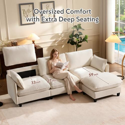 105" Modular Sectional Sofa, L-Shaped Cloud Couch with Oversized Large Cushions & Movable Ottoman, Chenille Deep Seat Couch for Living Room, Beige