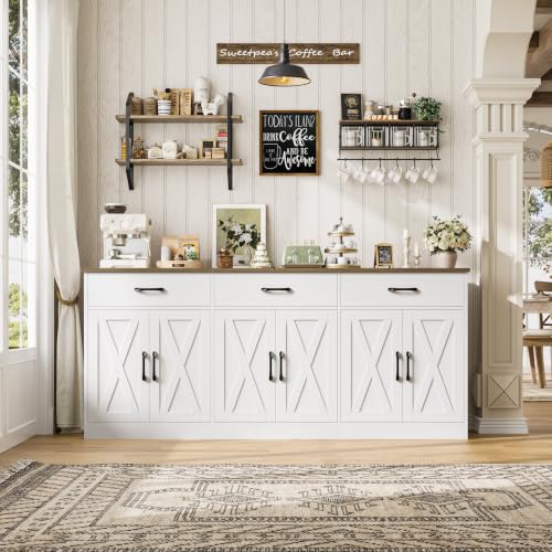 71" Large Sideboard Buffet Cabinet with Storage, Farmhouse Coffee Bar Cabinet with 3 Drawers, Long Kitchen Buffet Table, Kitchen Sideboard Storage Cabinet for Dining Room, Living Room, White