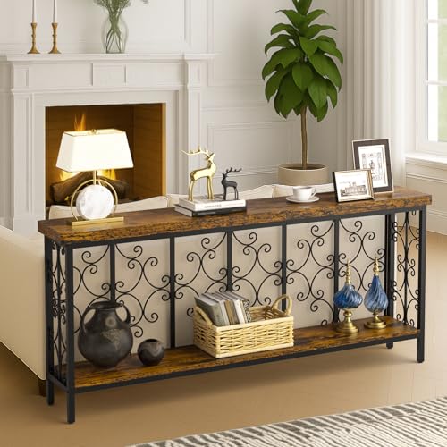 70.9" Extra Long Console Table, Industrial Narrow Sofa Table Behind Couch with 2 Tier Storage Shelf, Entryway Hallway Accent Table for Living Room, Foyer, Rustic Brown