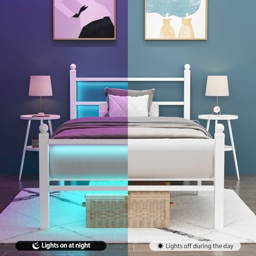 White Metal Bed Frame with RGB Lights and USB, Underbed Storage, view 6