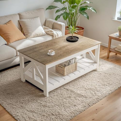 Farmhouse Coffee Table, Coffee Tables for Living Room, Farmhouse Square Coffee Table with Storage, Couch Table, Small Tables for Small Spaces, Gray & White