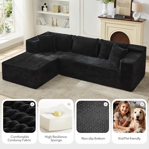 Modular Sectional Sofa Cloud Sectional Couch, 106" Comfy L Shaped Black Couches for Living Room,Oversized Sofa Sleeper with Deep Seat, No Assembly Required