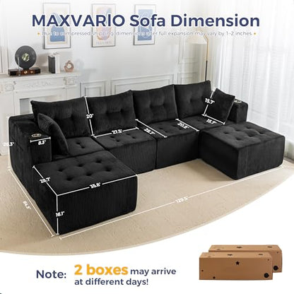 129.5" Modular Sectional Sofa Couch, U Shaped Modern Cloud Couch with 2 Ottomans, Sofa in A Box, Tufted 6-Seat Boneless Chair for Living Room, No Assembly Required, Black